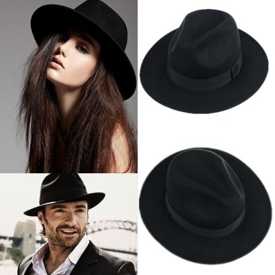 Vintage Retro  Fedora Trilby Faux Wool Cap Ribbon Wide Brim Felt Hat Black 280431003874 eb-25592484